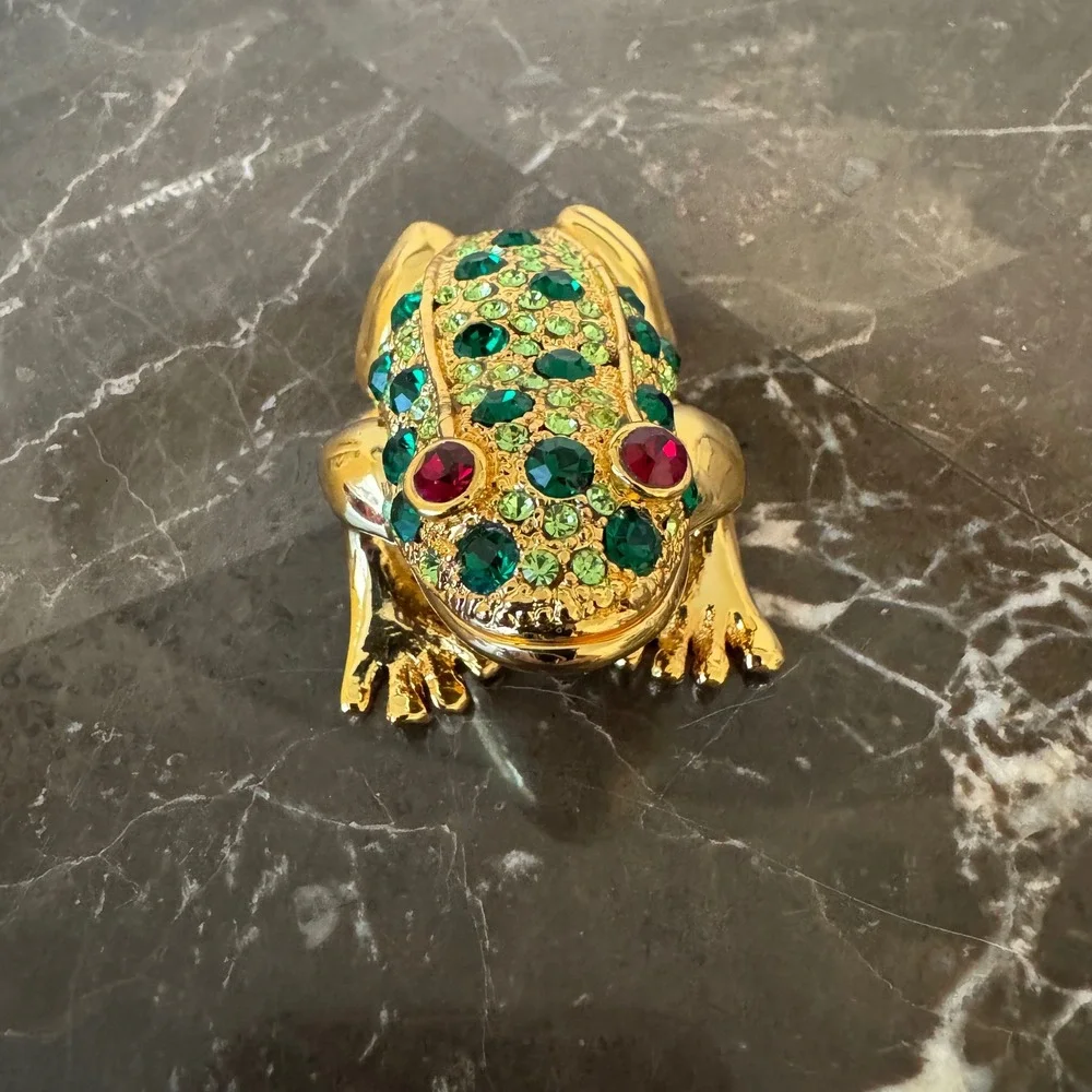 Gold Tone Rhinestone Frog Trinket Box Green Crystal Jeweled Hinged Keepsake Case